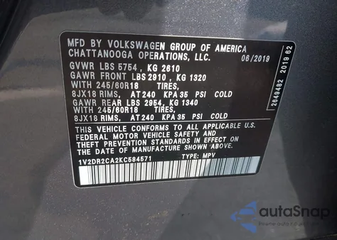 2019 Volkswagen Atlas 3.6L V6 Se из США, поврежденный, VIN 1V2DR2CA2KC584571